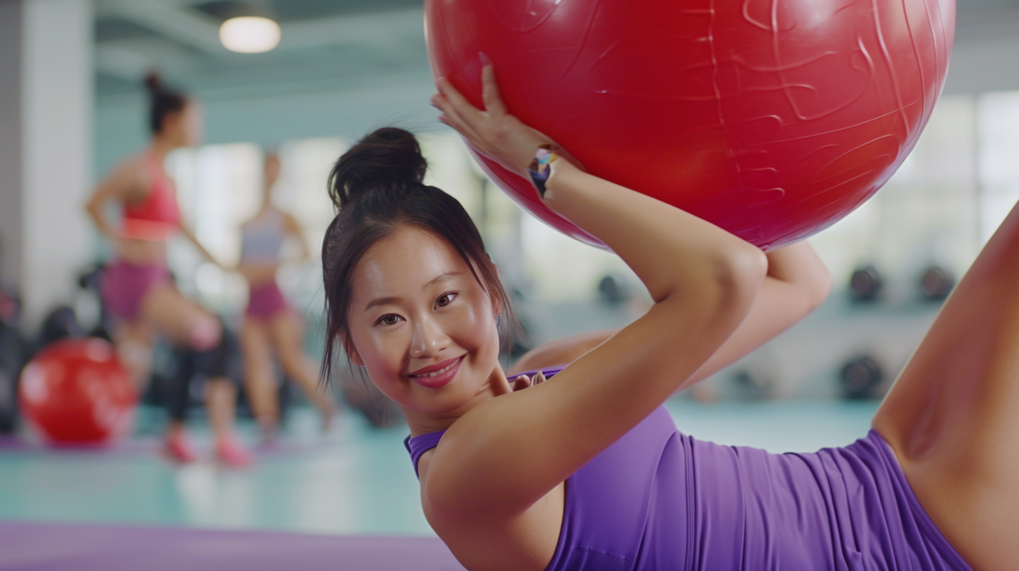 Asian woman doing situps on yogamat