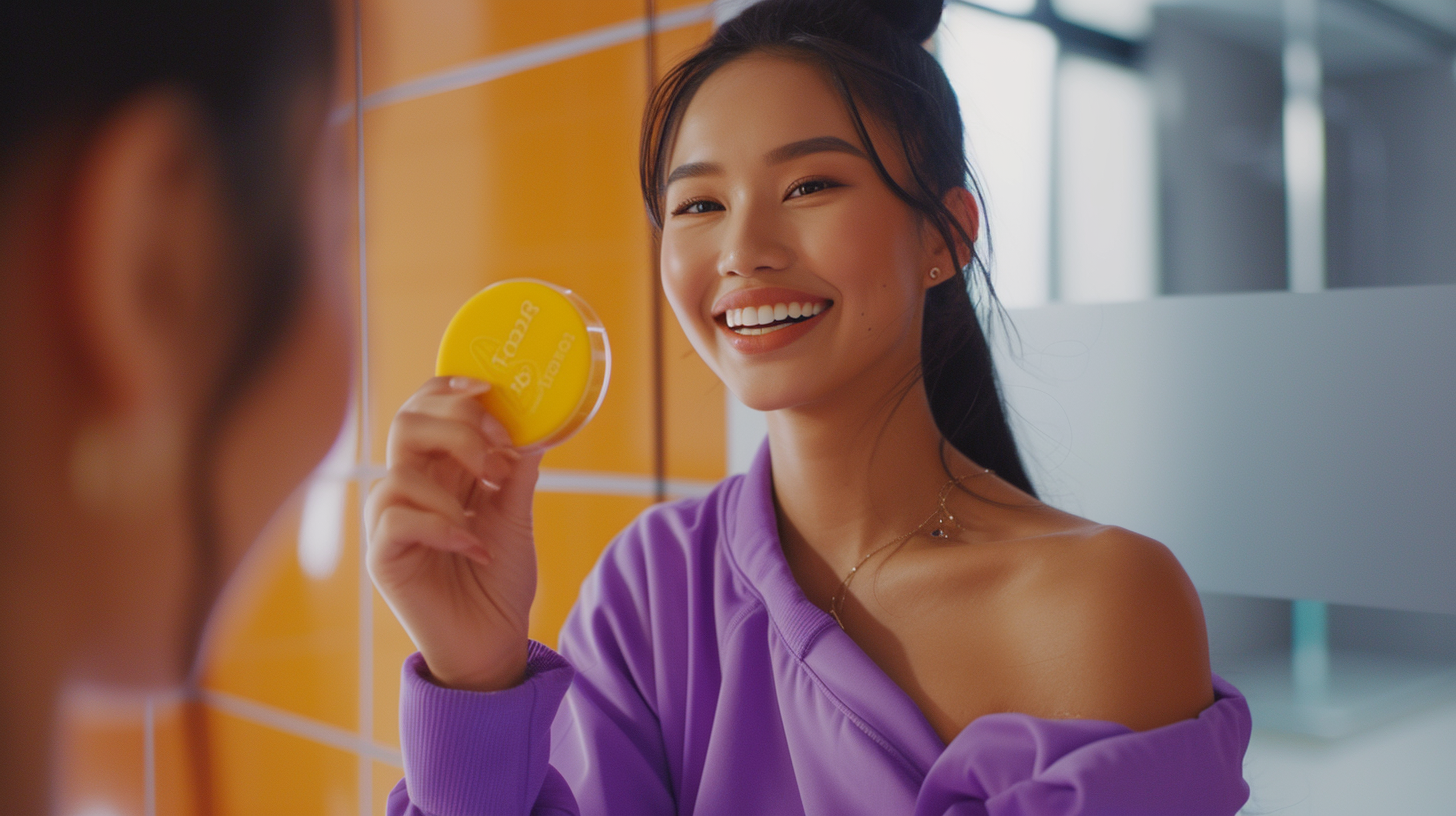 Smiling Asian Woman in Purple Outfit Mirror