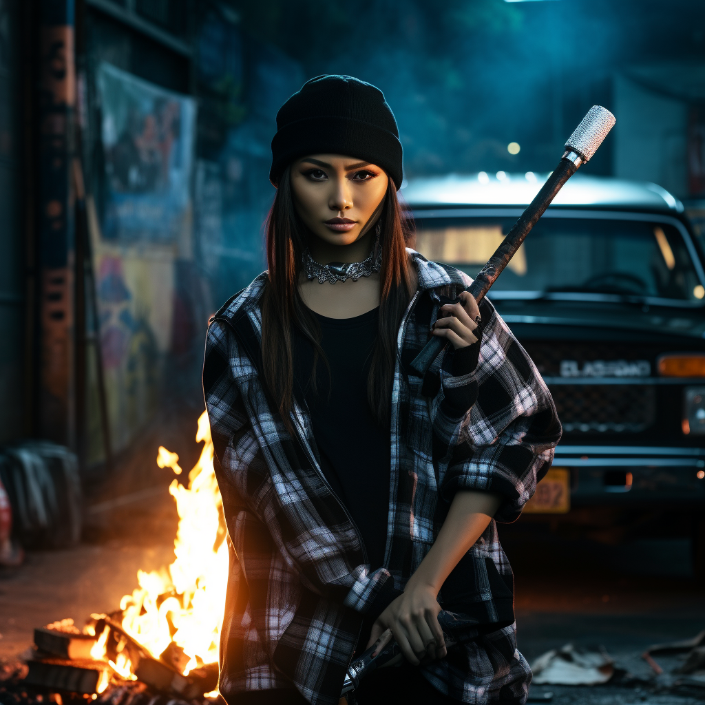 Fashionable Asian woman with spiked baseball bat