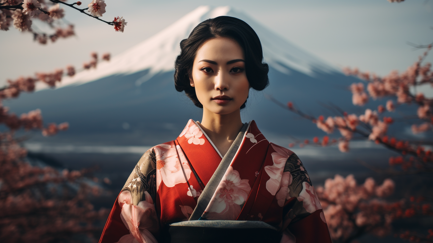 Beautiful Asian woman in traditional Japanese kimono on Mount Fuji