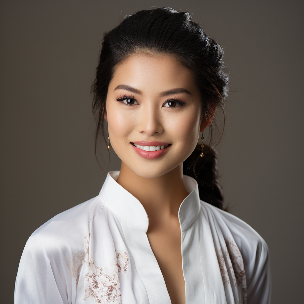 Young Asian woman in white geisha suit smiling