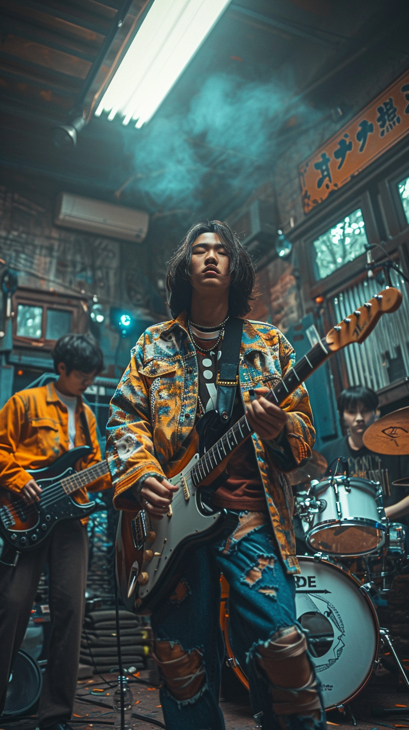 Four Asian youths playing musical instruments in warehouse