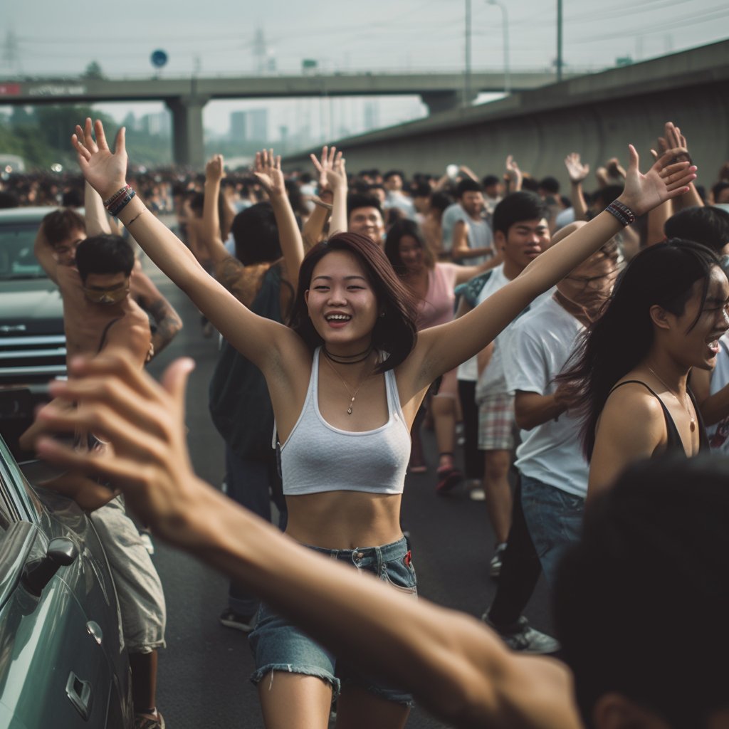 Asians Partying Traffic Jam Summertime Dancing