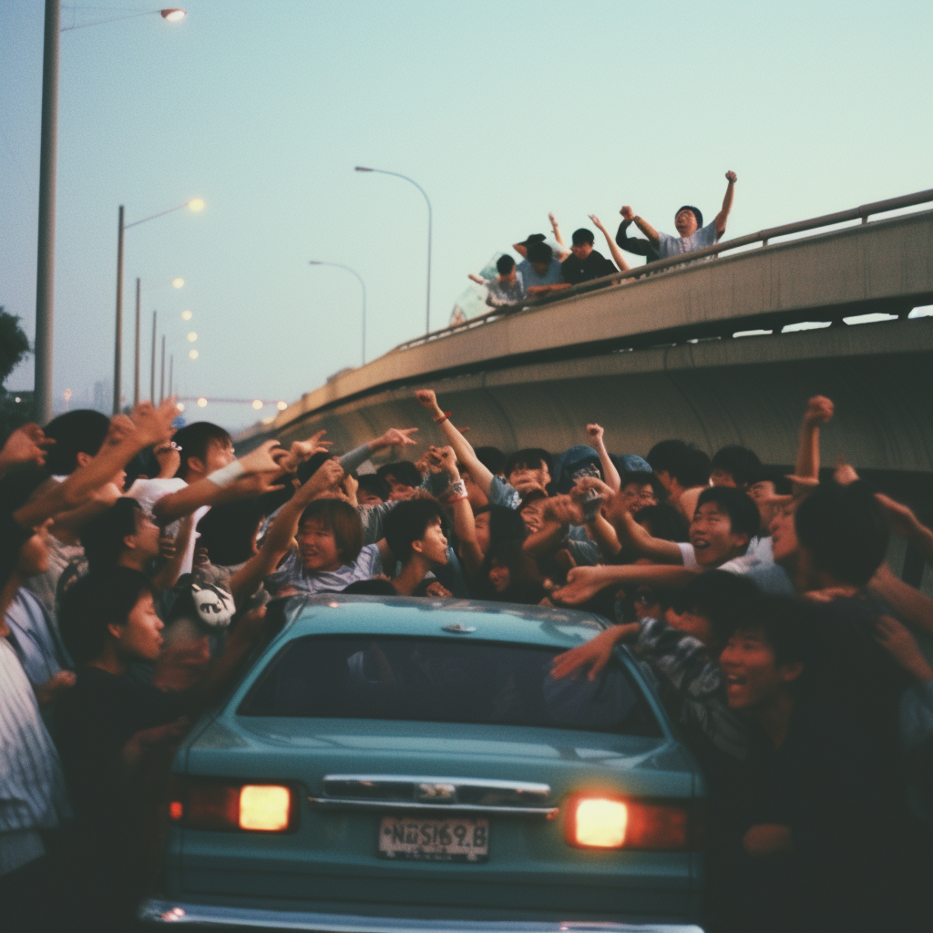 Asians Partying on Freeway Traffic Jam