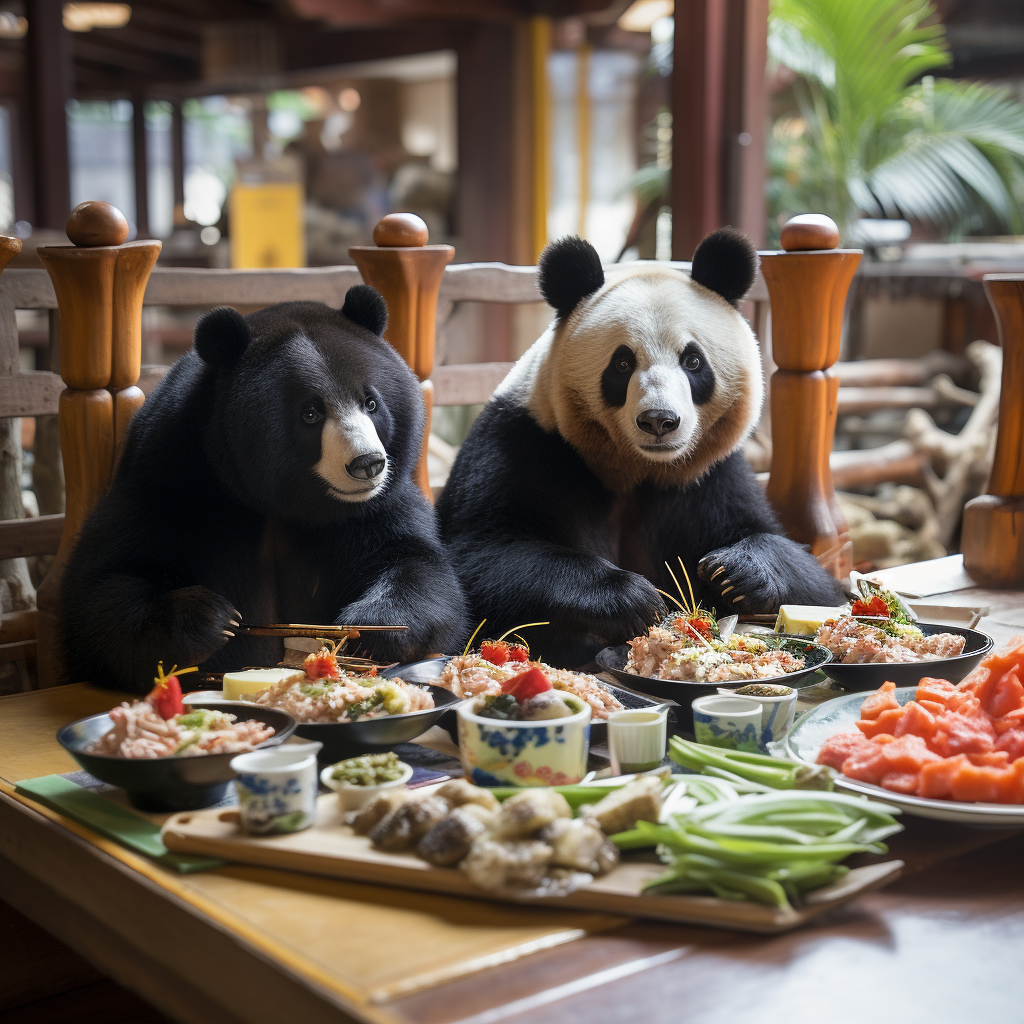 Asiatic Black Bears eating sushi at a train