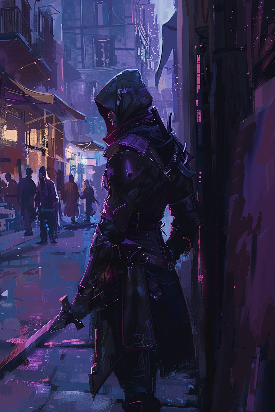 Assassin in dark alley with dagger