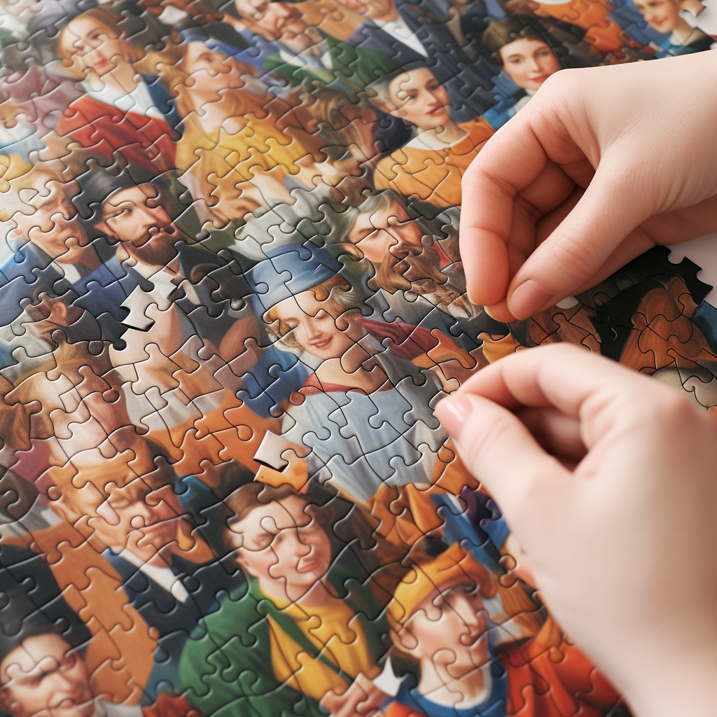 Close-up of people assembling jigsaw puzzle