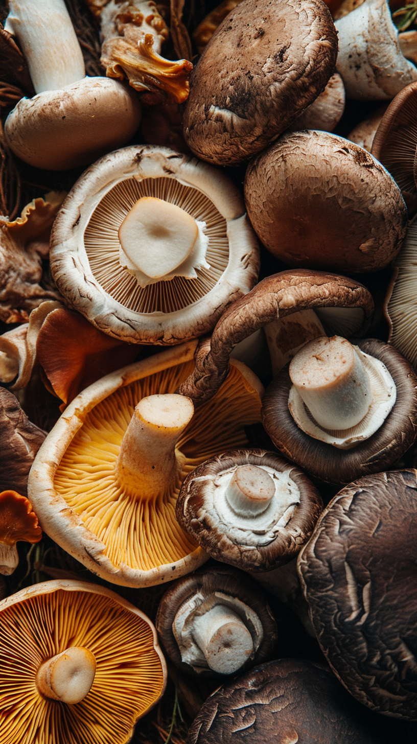 Close-up of Shiny Assortment of Antioxidant-Rich Mushrooms