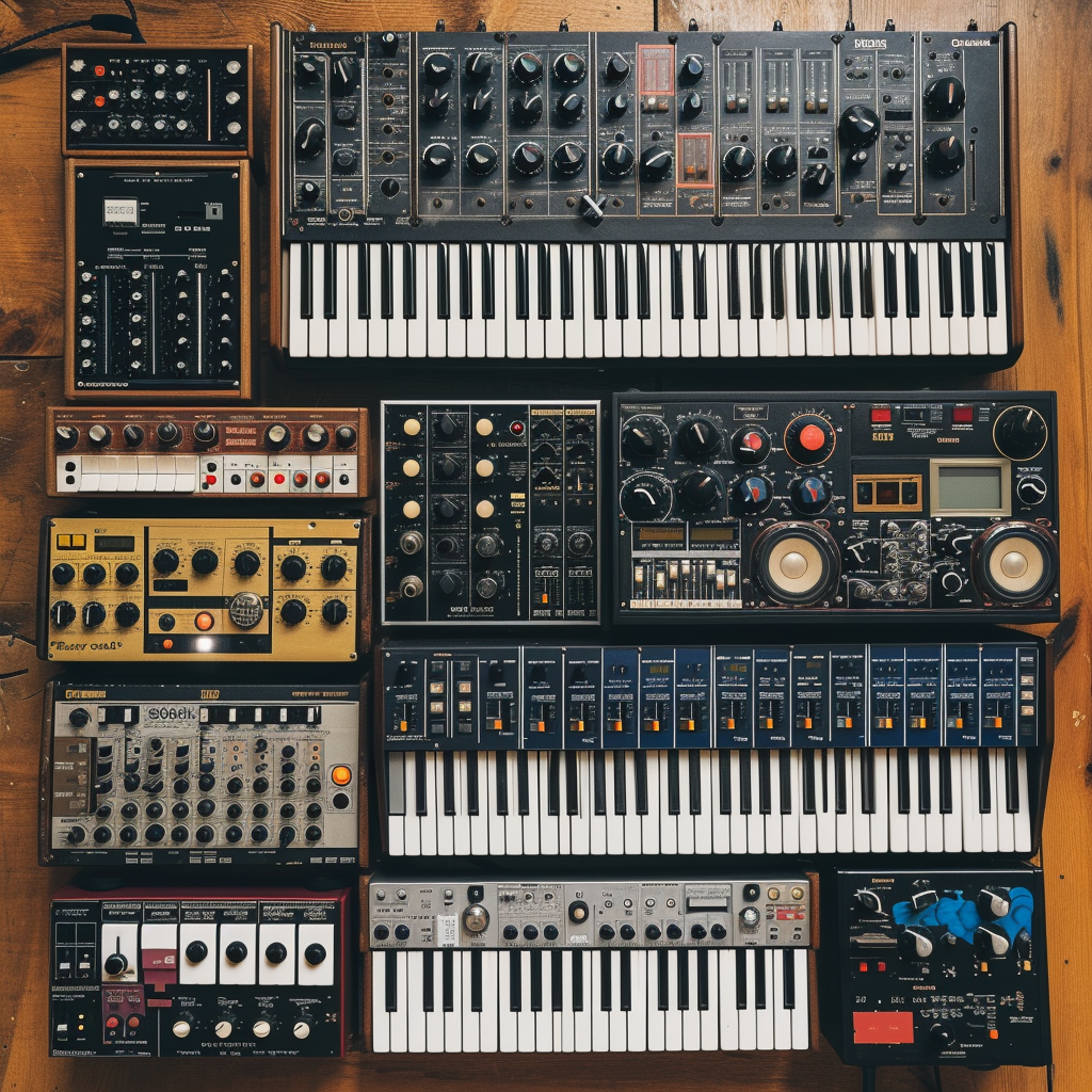 Assortment of synths on plain background