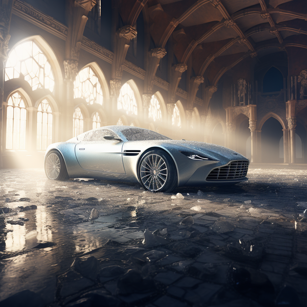 Aston Martin DB12 in ice castle sunlight