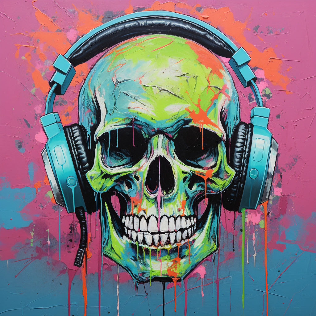 Vibrant neo-expressionist skull art with headphones