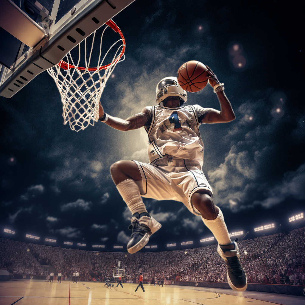 Astronaut basketball player dunking in soccer field