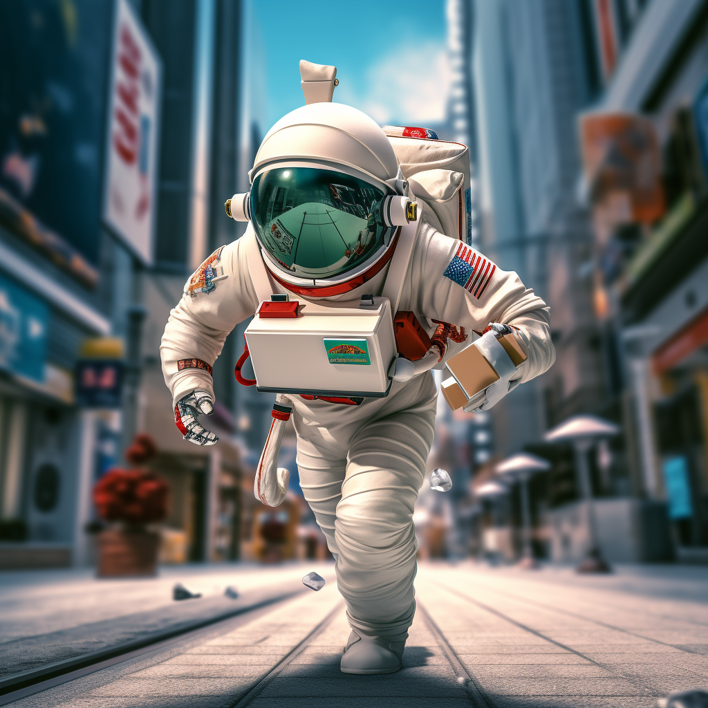 Astronaut character running in city holding mail envelope