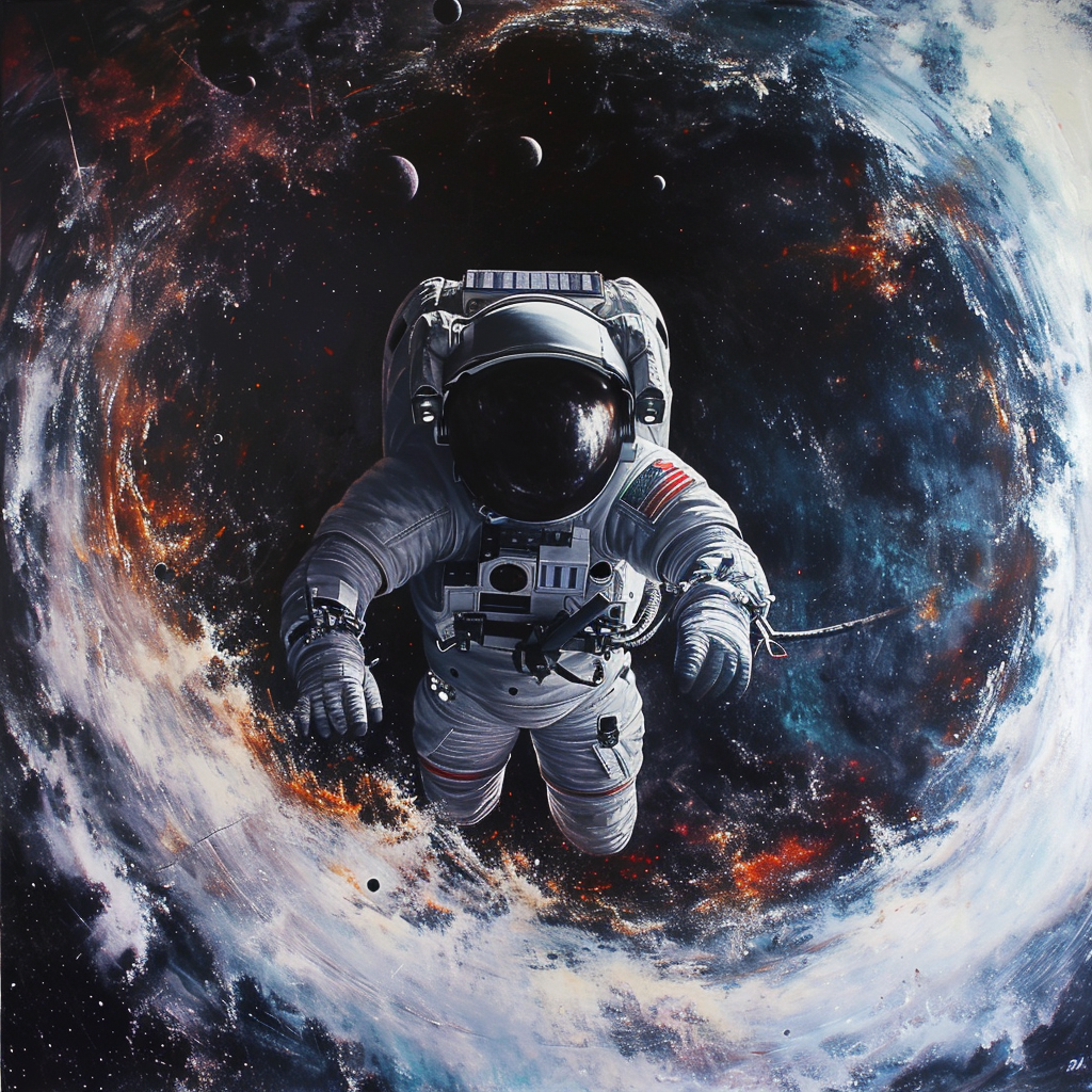 Hyper realistic portrait of astronaut crossing black hole event horizon