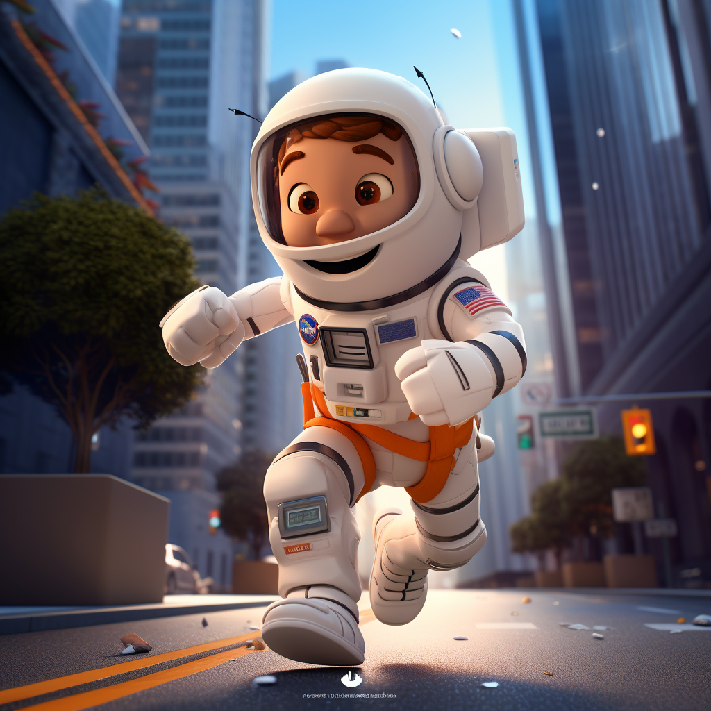 Astronaut running in city delivering mail