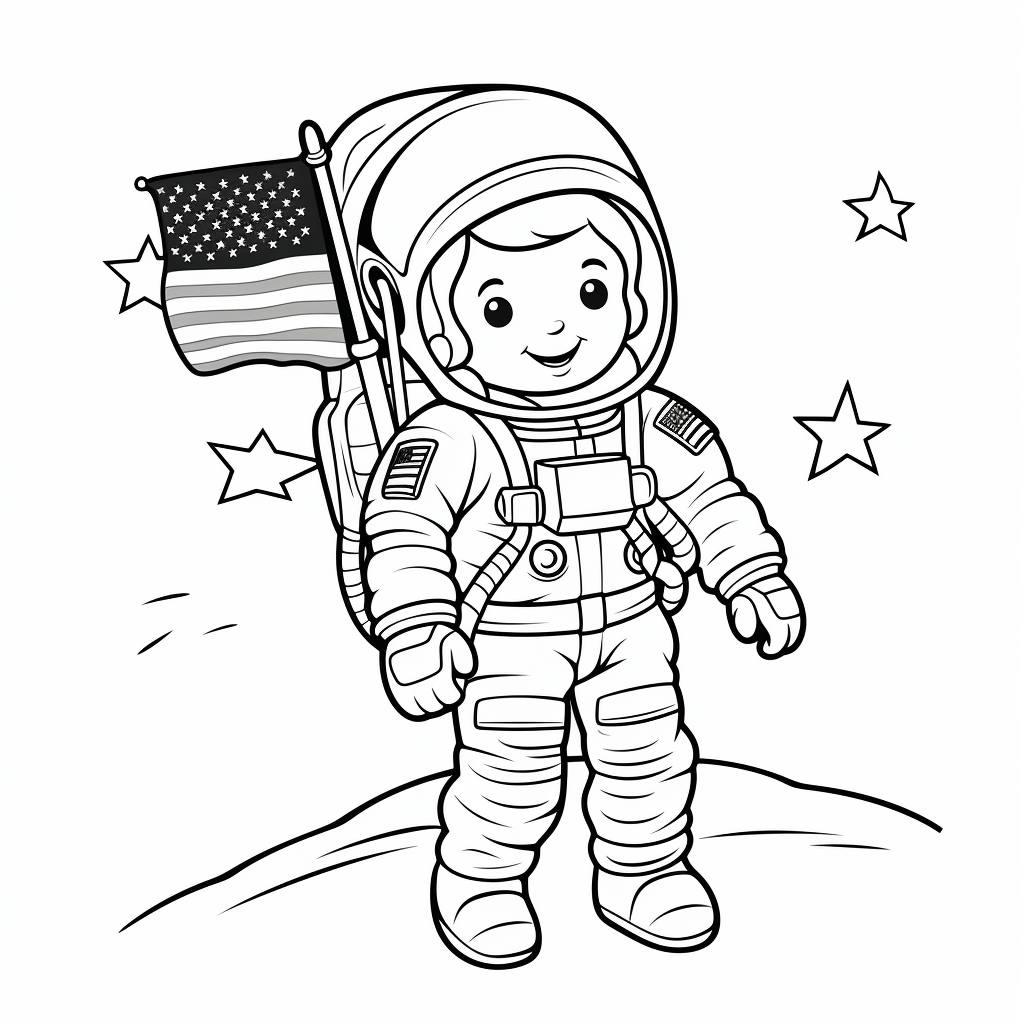 Coloring sheet of astronaut with flag