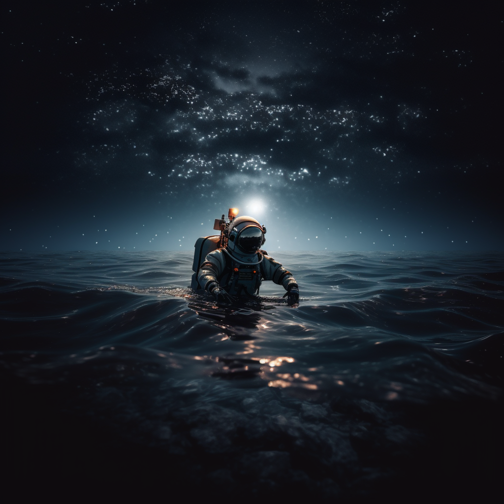 Astronaut floating on biluminescent ocean at night