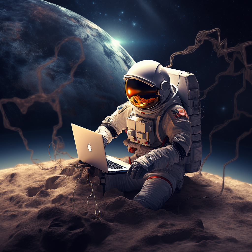 Astronaut floating in space working on laptop