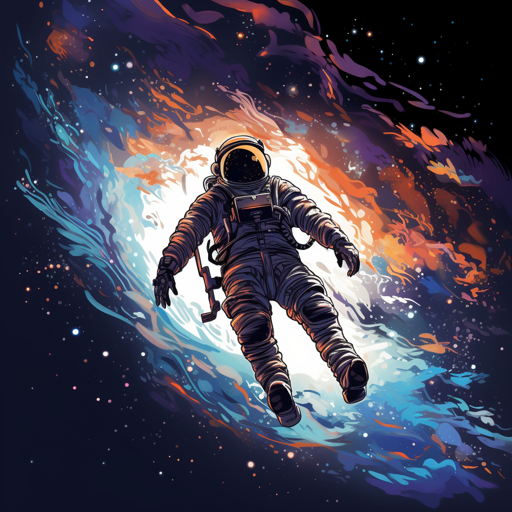 Astronaut floating in front of galaxy