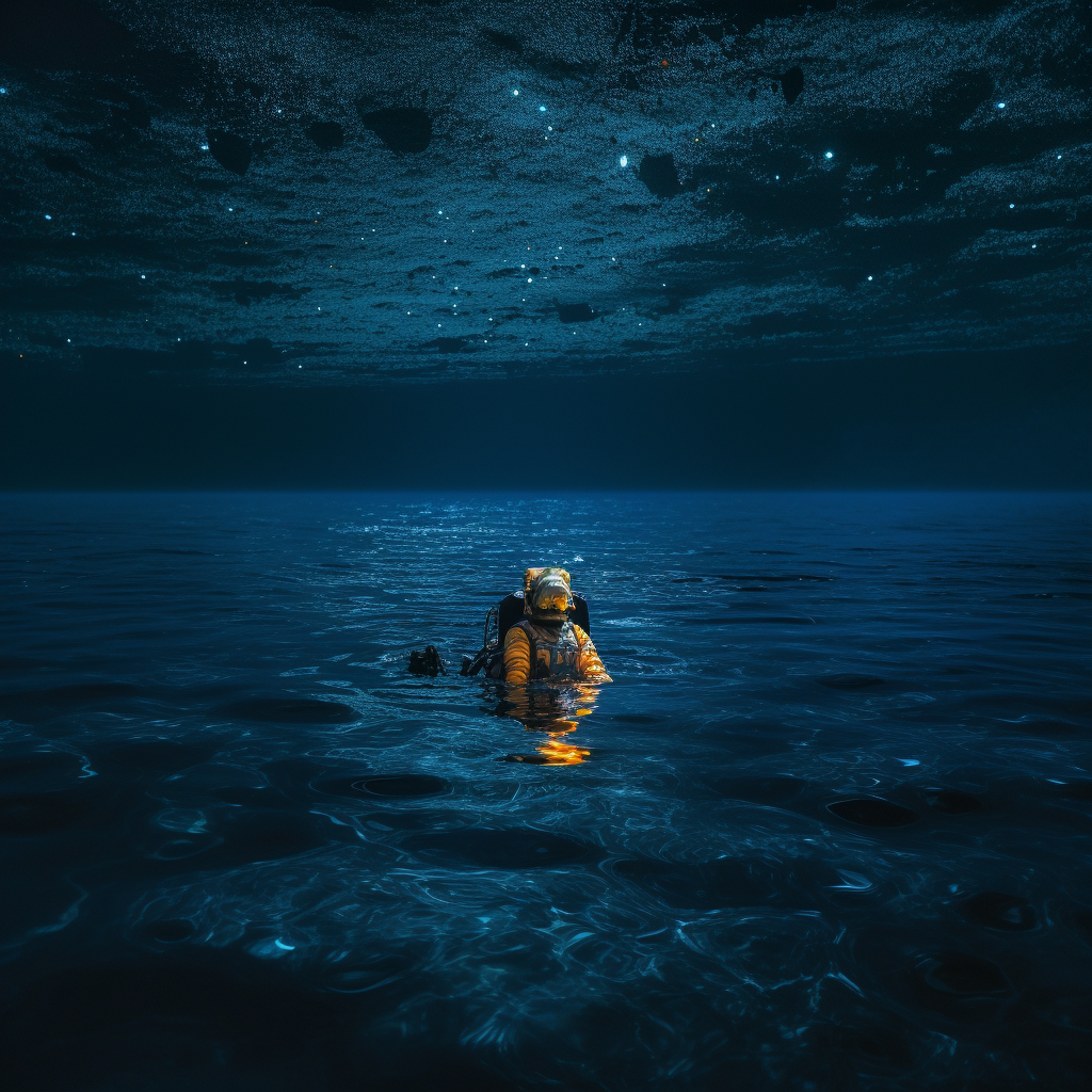 Astronaut floating on phosphorous ocean under full moon