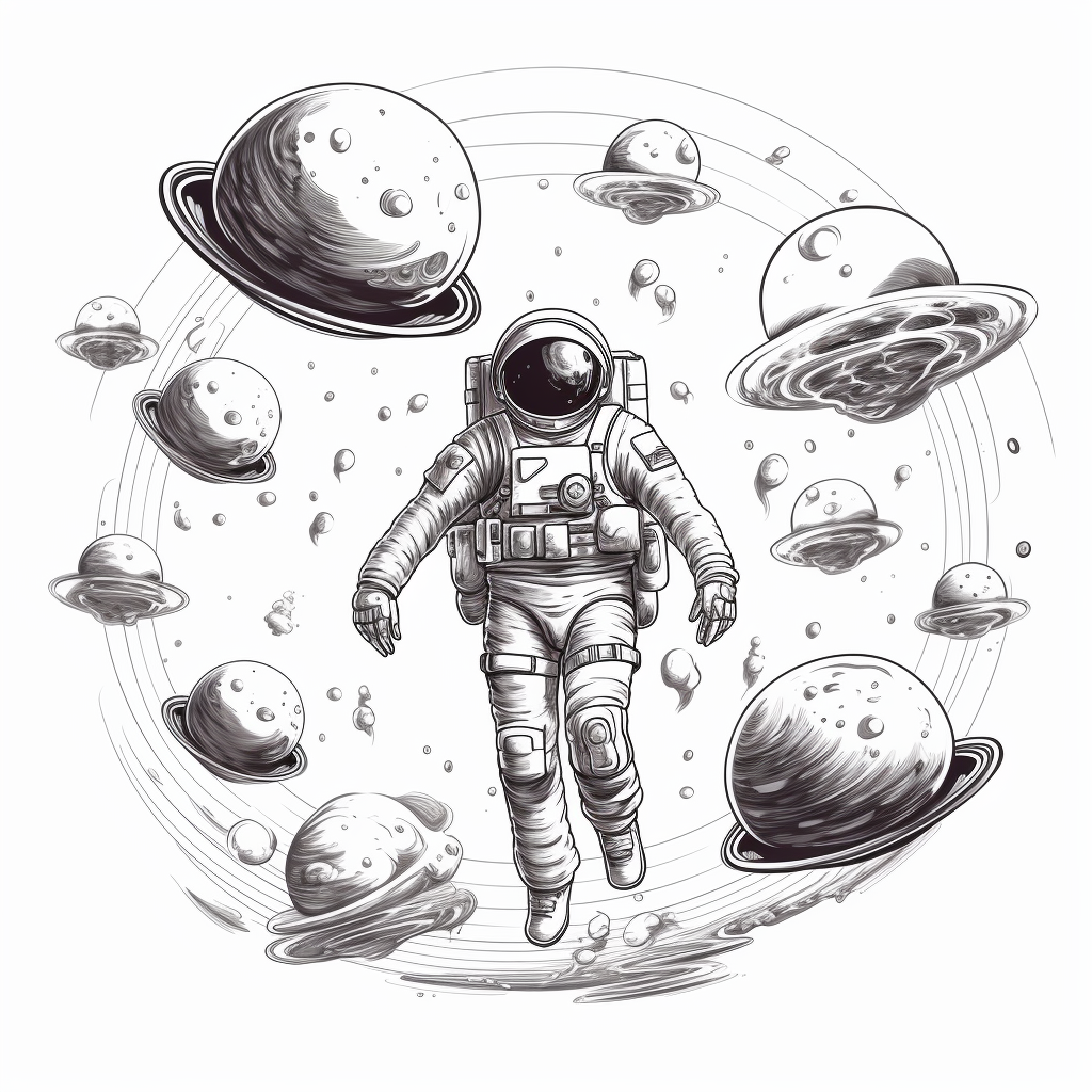 Astronaut surrounded by aliens and UFOs