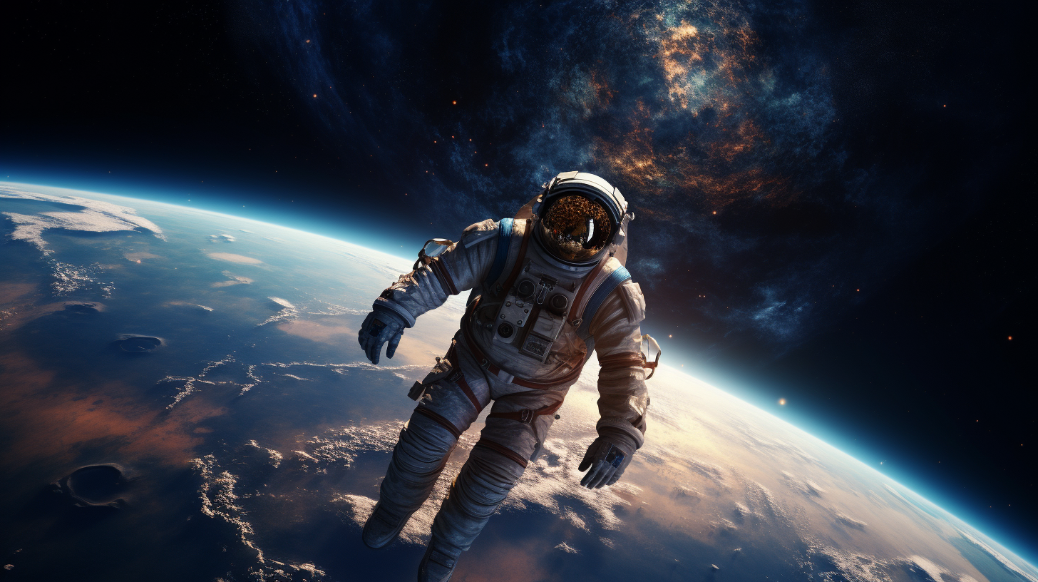 Astronaut floating in universe gazes at Earth