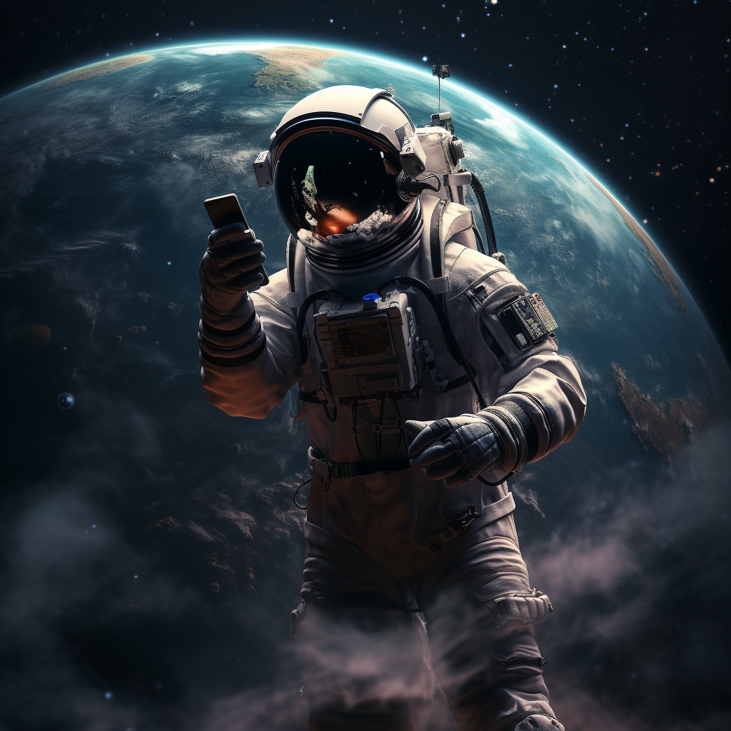 Astronaut holding phone with satellite in space