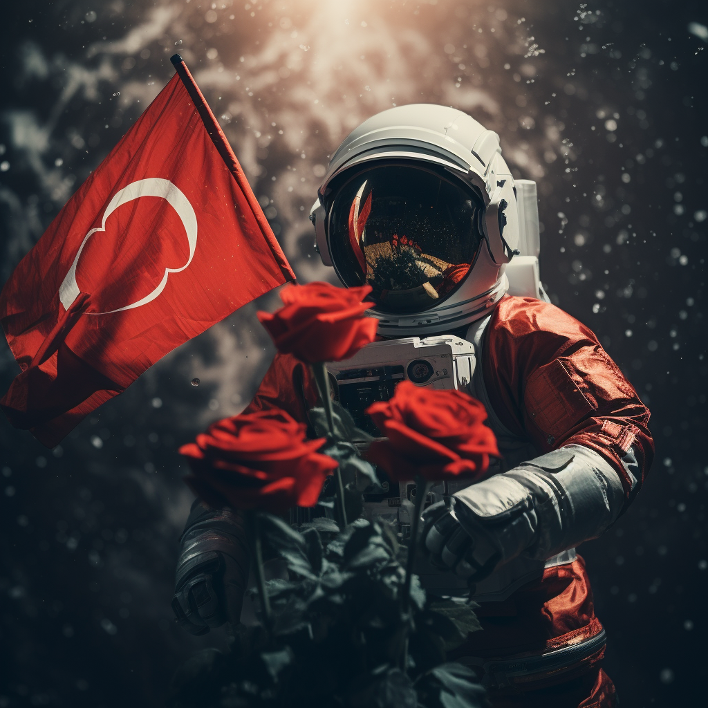 Astronaut holding red giant peony Turkish flag