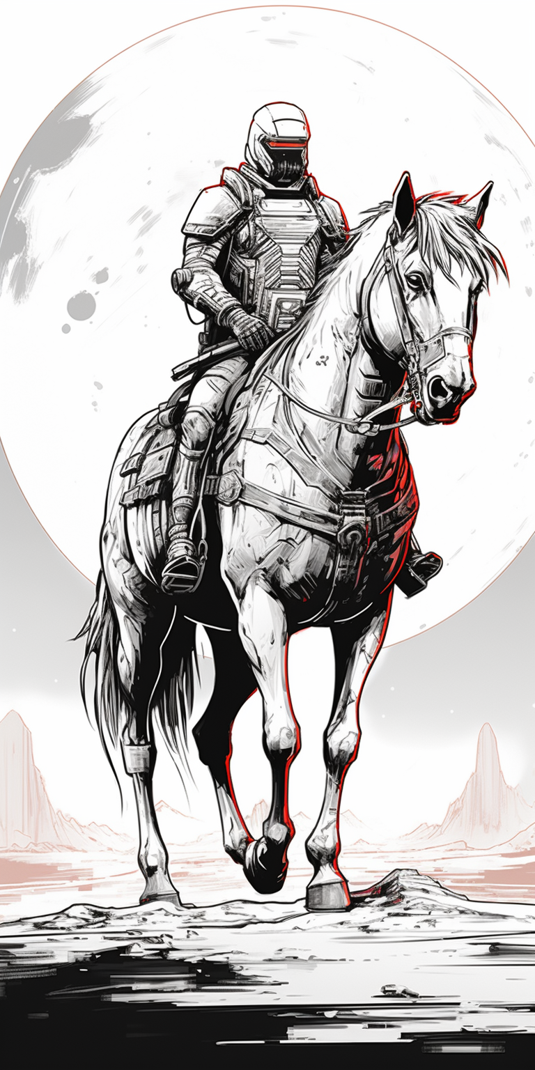 Astronaut riding horse on Mars in retrofuturism sketch