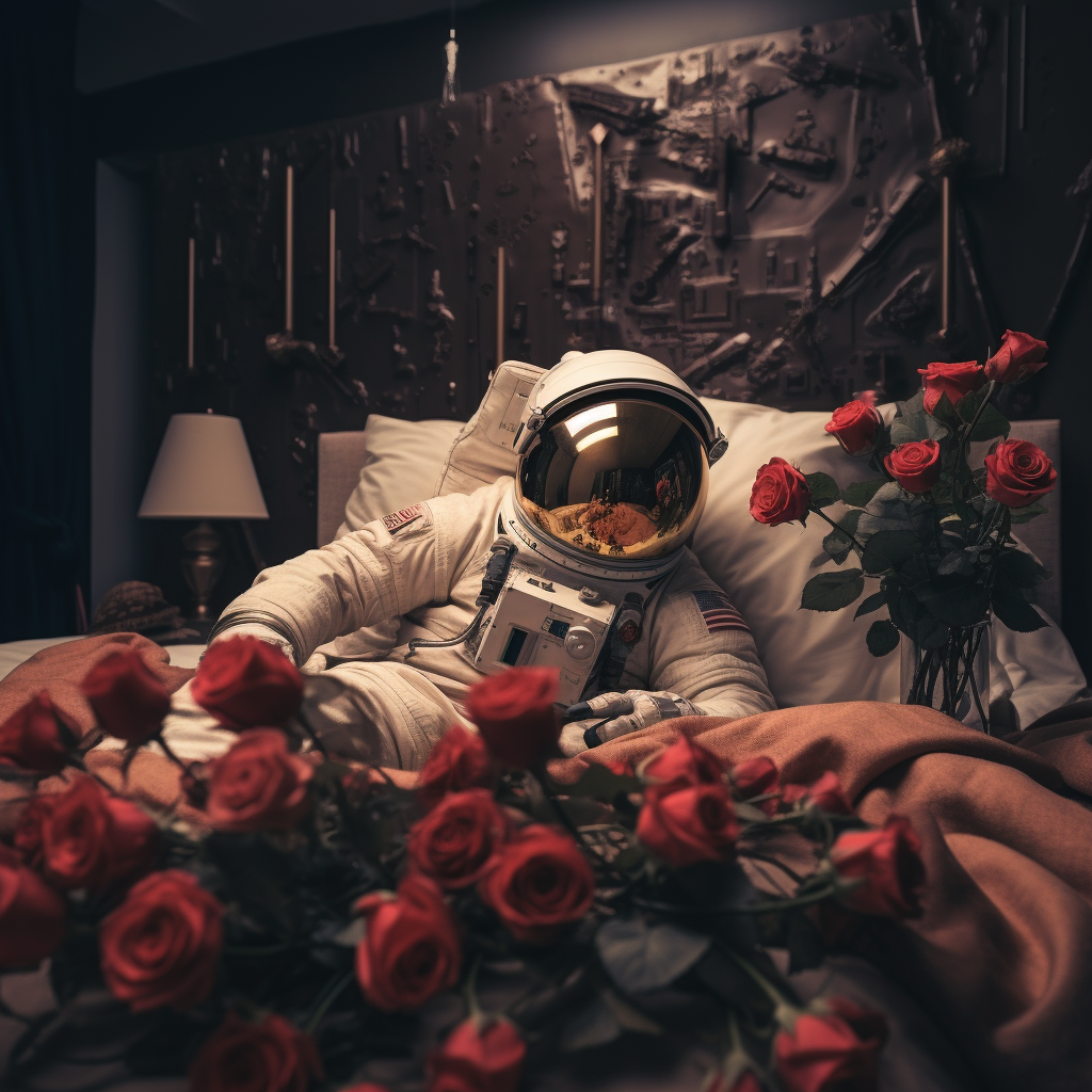 Astronaut on bed with roses