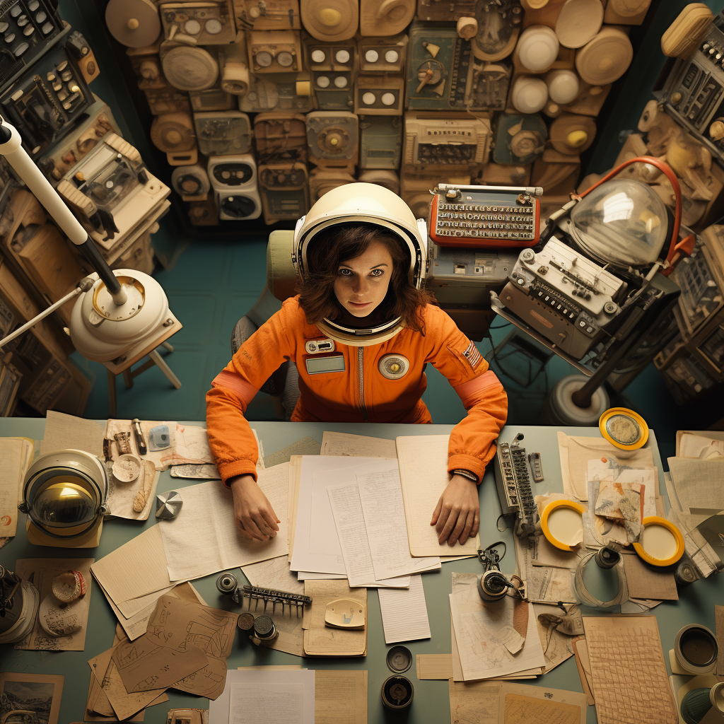 Female astronaut with inventory on table