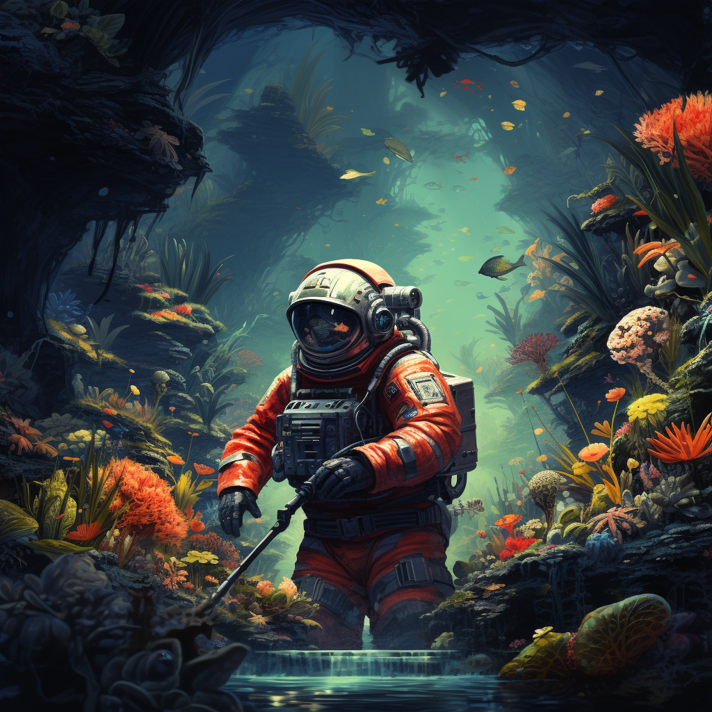 Astronaut in jungle with weird creatures