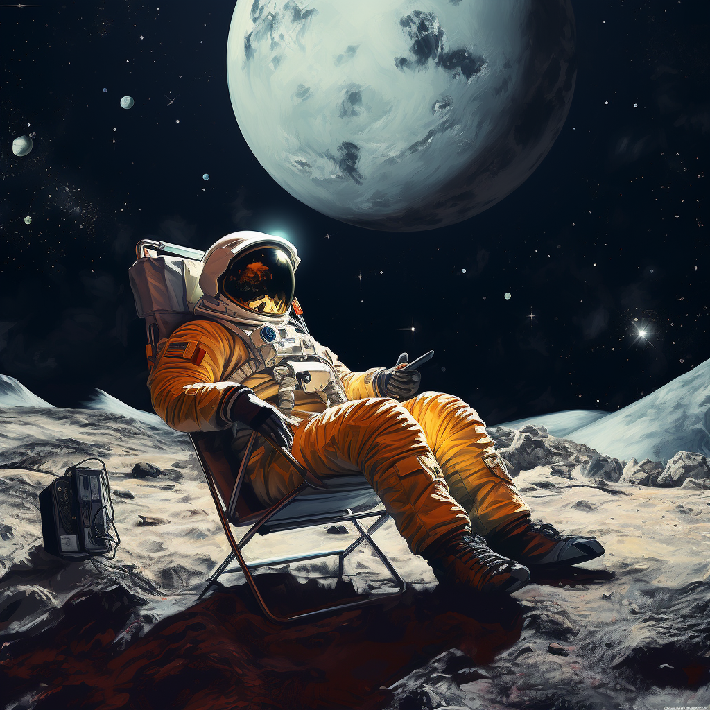 Astronaut enjoying galaxy from lawn chair