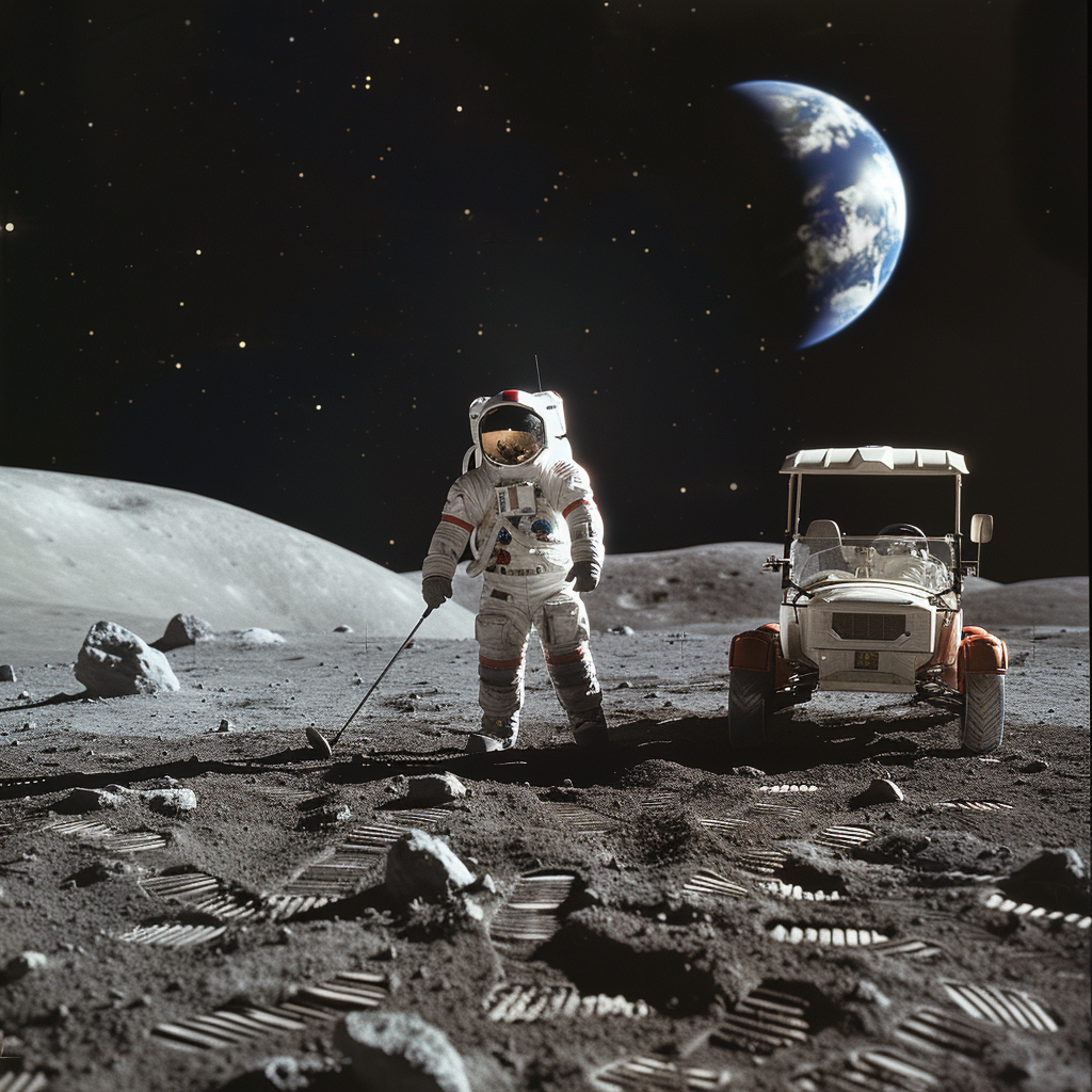 American astronaut golfing on lunar surface