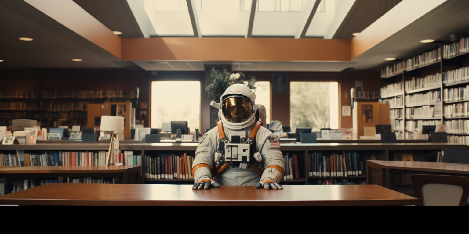 Astronaut speaking into megaphone at library