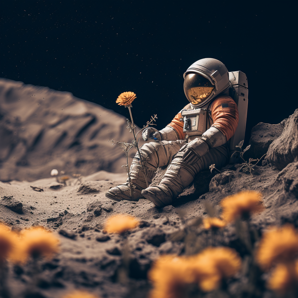 Astronaut resting on moon crater with flower