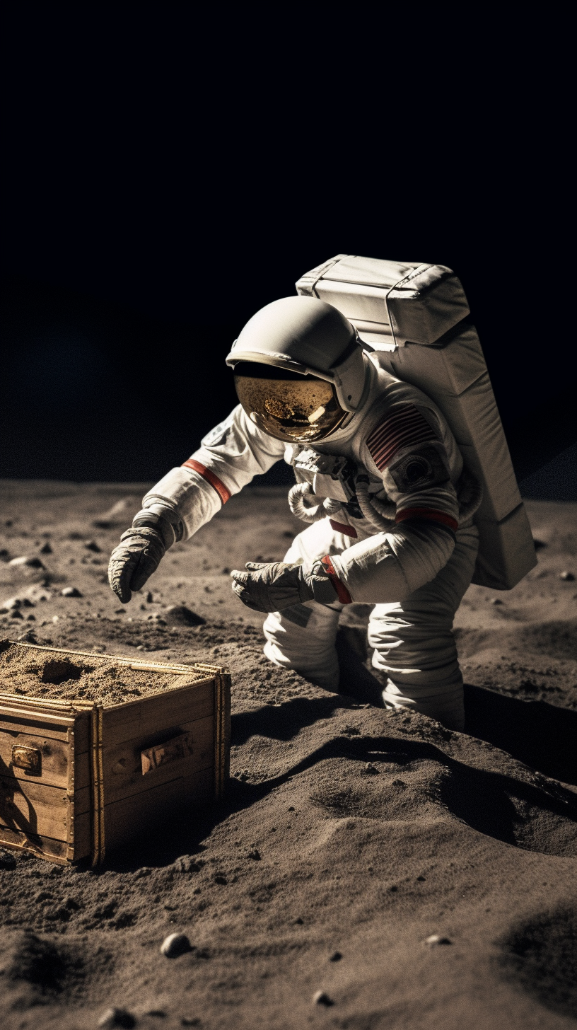 Astronaut opening a treasure chest on the moon