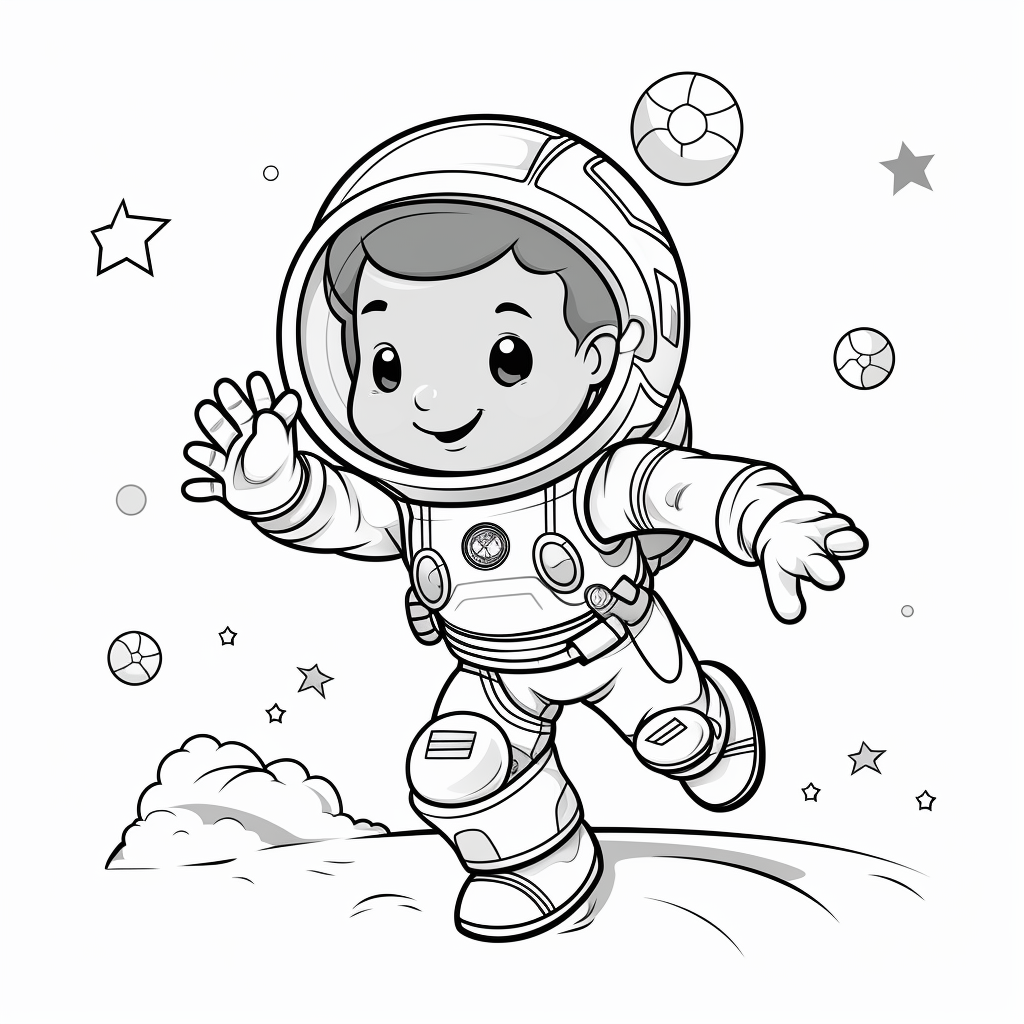 Coloring sheet of an astronaut playing with a ball