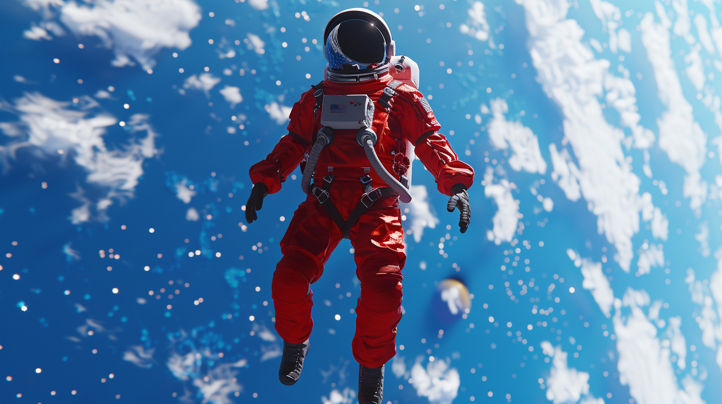 Astronaut in red suit floating