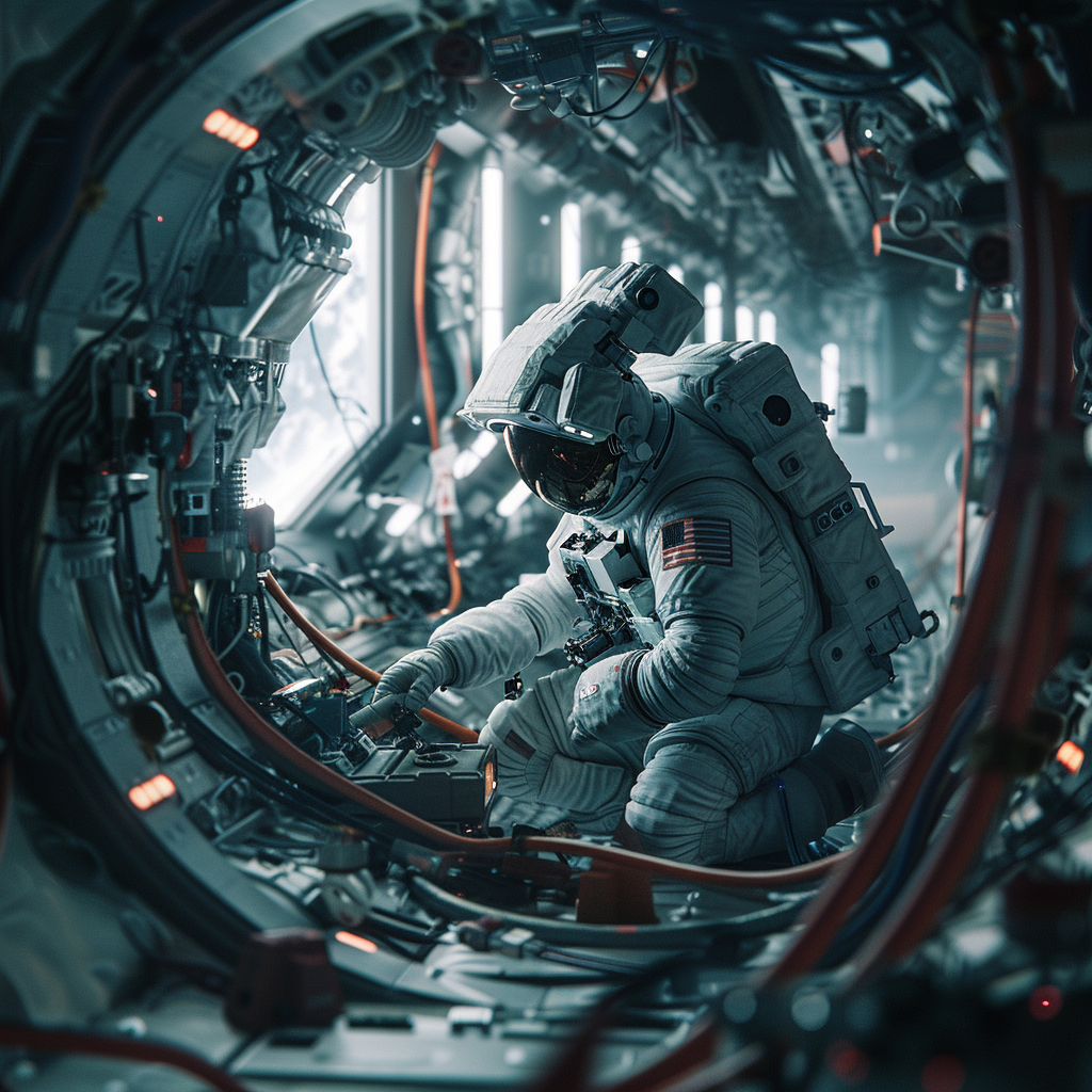 astronaut repairing space station Earth background