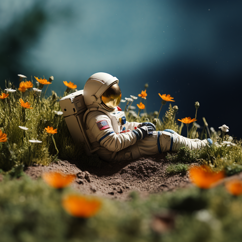 Astronaut resting on moon crater with flower and grass