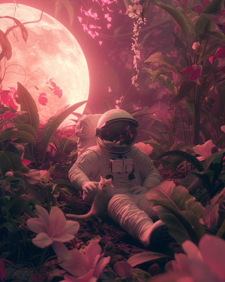 Astronaut with Siamese cat in jungle