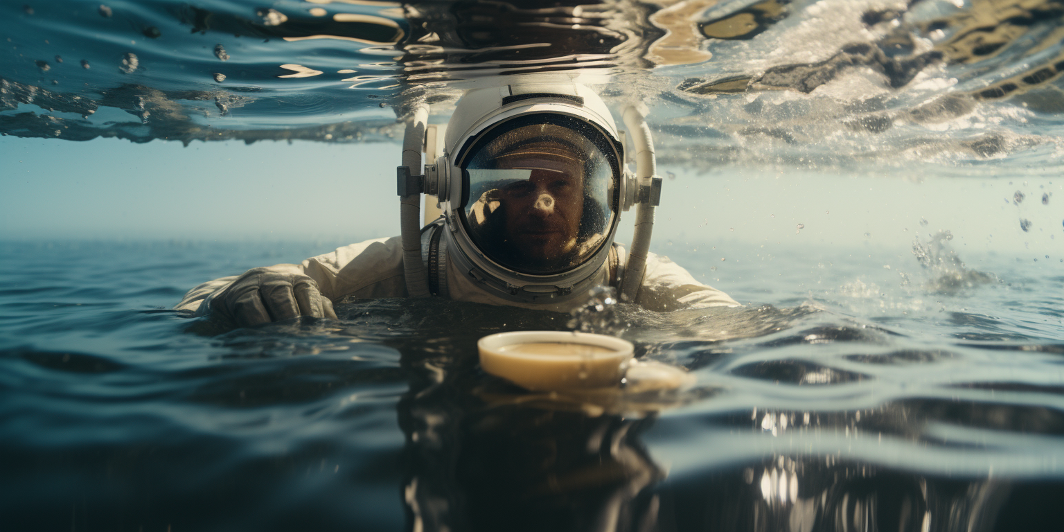 Astronaut swimming in coffee, cinematic still