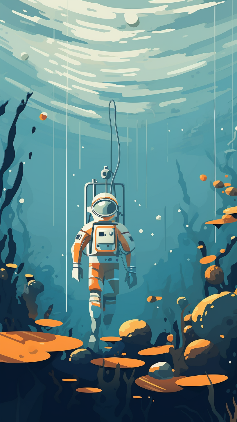 Astronaut swimming in deep ocean