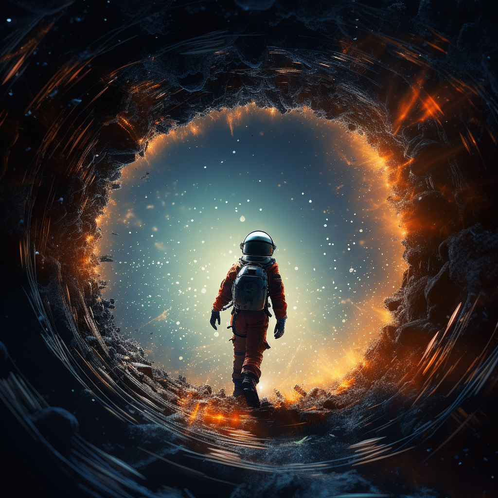 Astronaut traveling through wormhole