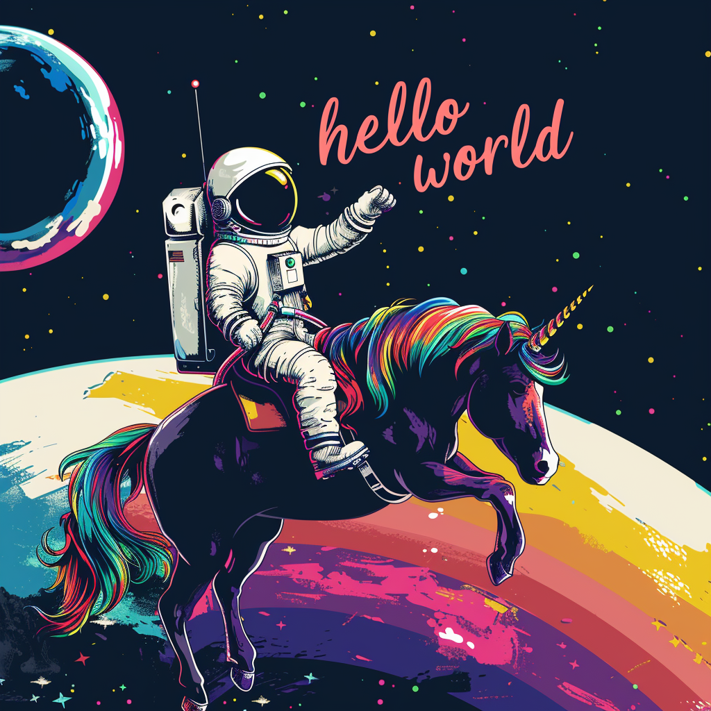 Astronaut riding rainbow unicorn hello world