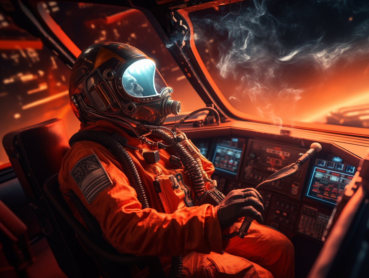 Scarlet orange astronaut vaping in cockpit