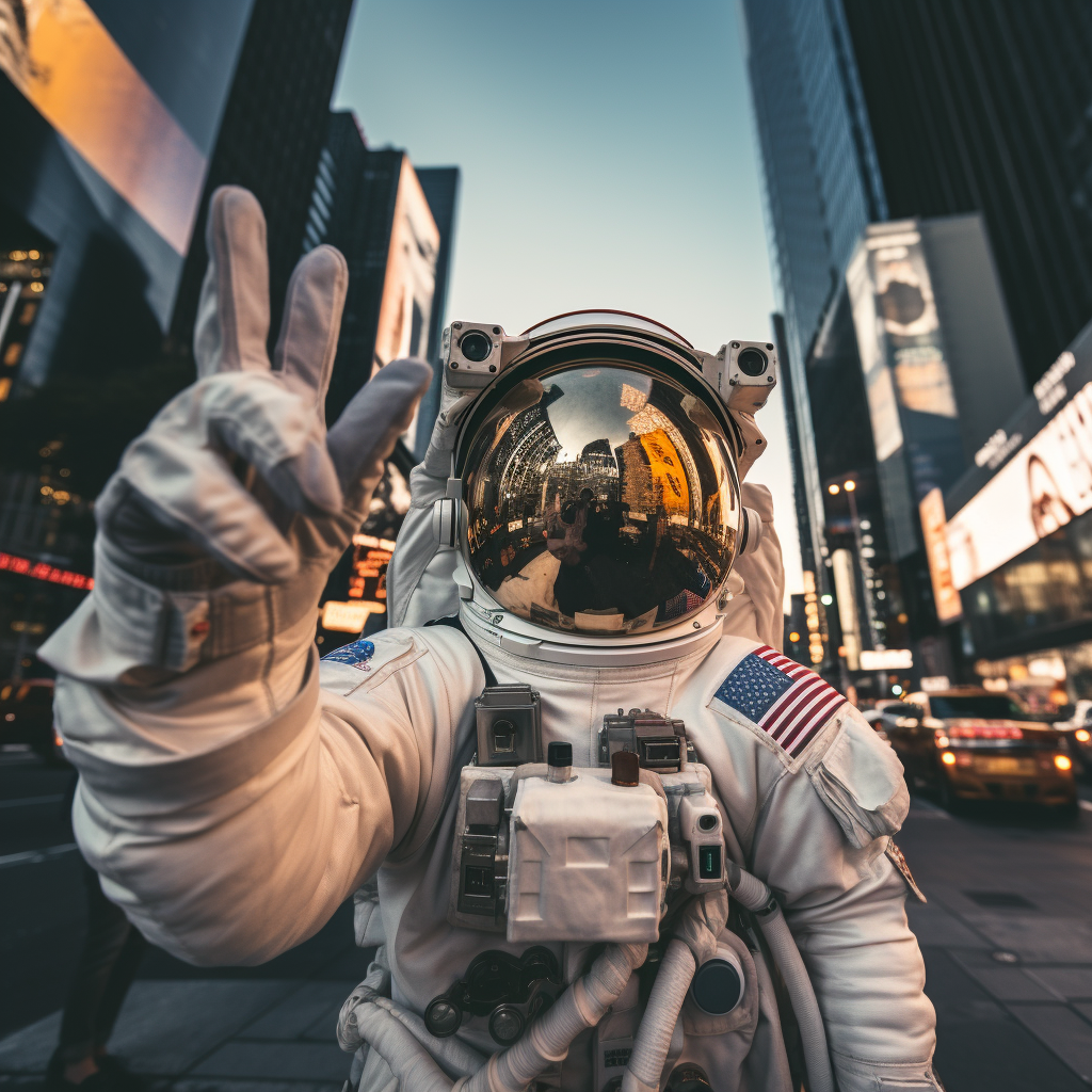 Astronaut taking selfie in the city