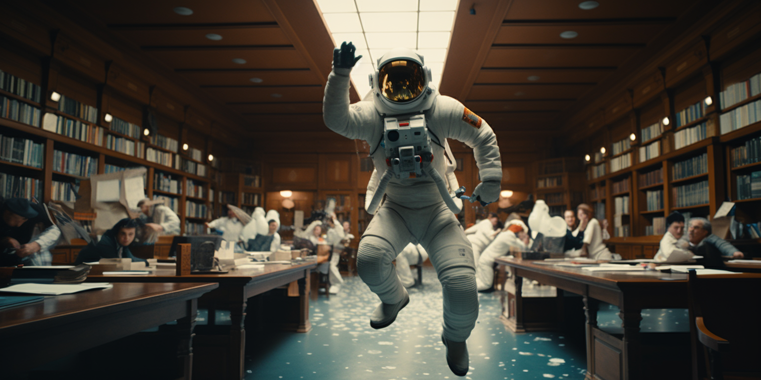 Astronaut yelling in library scene