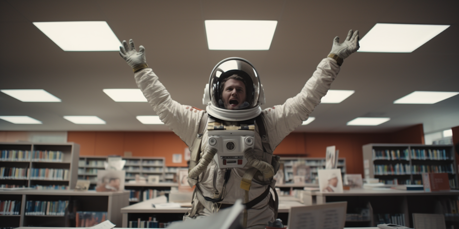 Astronaut yelling at library with megaphone